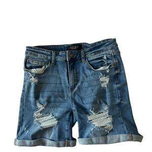 Judy Blue ripped denim jean short distressed medium wash high waist rolled hem L